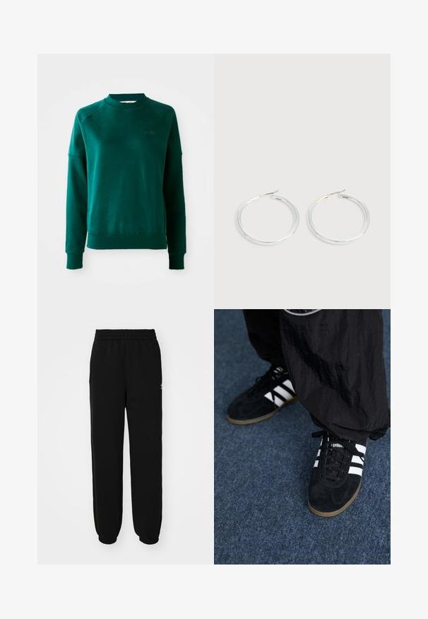 Vihreä crewneck-huppari raglan-hihalla, valmistettu pehmeästä kankaasta. Ominaisuuksiin kuuluu ribattu kaulus ja hihansuut sekä hillitty brändäys rinnassa.; Mustat verkkohousut, joissa on joustava vyötärö, sivutaskut ja nilkoissa joustavat resorit. Valmistettu pehmeästä kankaasta, jossa on yksinkertainen muotoilu.; Musta samettiset urheilukengät, joissa on kolme valkoista raitaa ja mustat nauhat. Teksturoitu musta housu on osittain näkyvissä kenkien vieressä.; Pari kiiltäviä hopeisia renkaanmuotoisia korvakoruja, joissa on ohuet langan sulkimet, esillä vaaleanharmaalla taustalla.