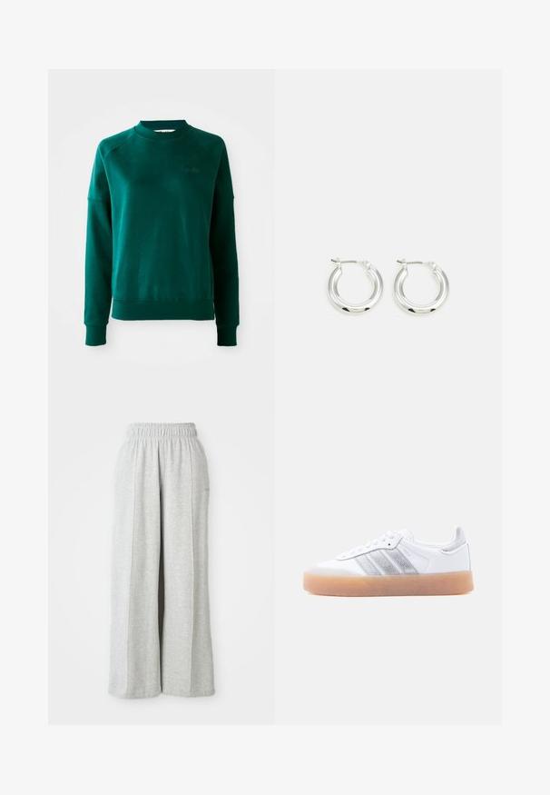 Sweatshirt vert à col rond avec des manches raglan, fabriqué en tissu doux. Il possède un col et des poignets à côtes, ainsi qu'un logo discret sur la poitrine.; Pantalons de jogging larges gris clair avec une taille élastique et des coutures latérales. Fabriqués en mélange de coton doux pour le confort. Aucune logo visible.; Baskets basses blanches avec semelle gomme, accents argentés rayés sur le côté, et fermeture à lacets, présentées sur un fond clair uni.; Boucles d'oreilles en argent avec une finition polie, présentant une forme circulaire et une fermeture à charnière. Texture lisse avec un minimum de détails.