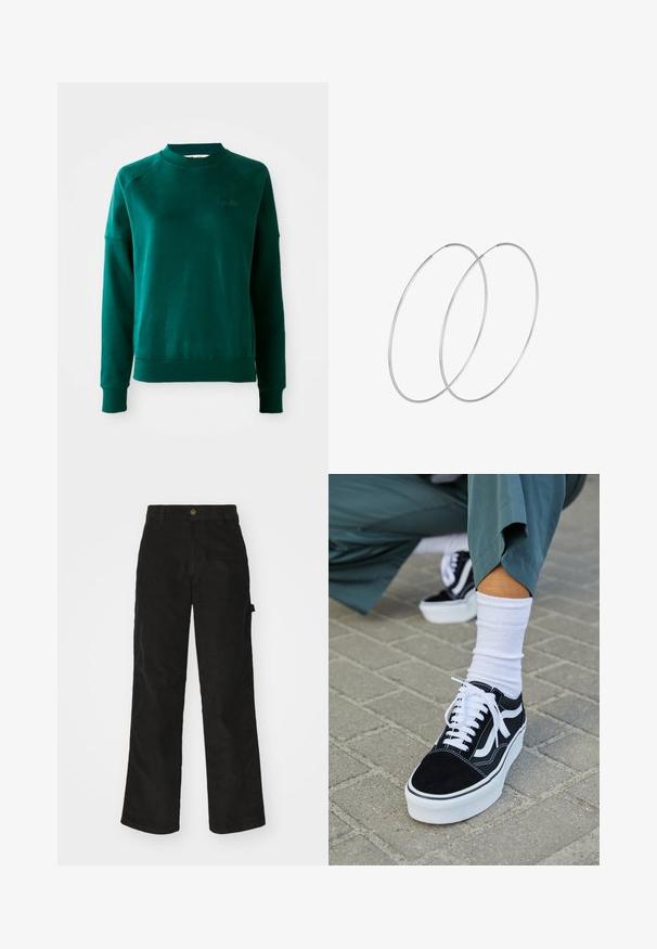 Grøn crewneck sweatshirt med raglanærmer, lavet af blødt stof. Har en ribbet krave og manchetter samt diskret branding på brystet.; Sorte kordfløjsbukser med et lige ben-design, der har en knaplukning og sidelommer. Glat tekstur med fine lodrette striber.; Sorte ruskinds sneakers med hvide accenter og snørebånd, der har en tyk hvid sål og kontrasterende syninger, parret med en hvid sok.; Sølvøreringe med et minimalistisk design. Cirkulær form, glat tekstur og tynd profil. Letvægtige med en poleret overflade.