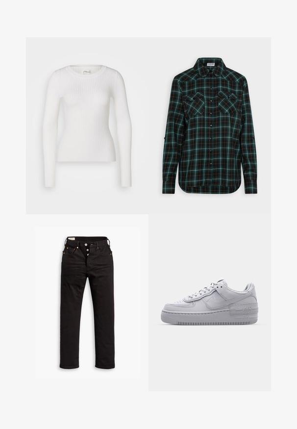 Biely dlhý rukáv ribbed top s okrúhlym výstrihom. Tkanina je hladká, s jemnou textúrou a priliehavým strihom. Žiadne viditeľné kovanie ani vzory.; Noisy May NMERIK - Blúzka - foliage green/white/citronelle; Čierne džínsy so rovnými nohavicami, s gombíkovým zapínaním, prednými a zadnými vreckami, a detailmi z medených nitov na bielom pozadí.; Šedé tenisky Nike Air Force 1 s perforovanou špičkou, hladkým koženým zvrškom, hrubou podrážkou a embosovaným detailom 'AIR' na päte.