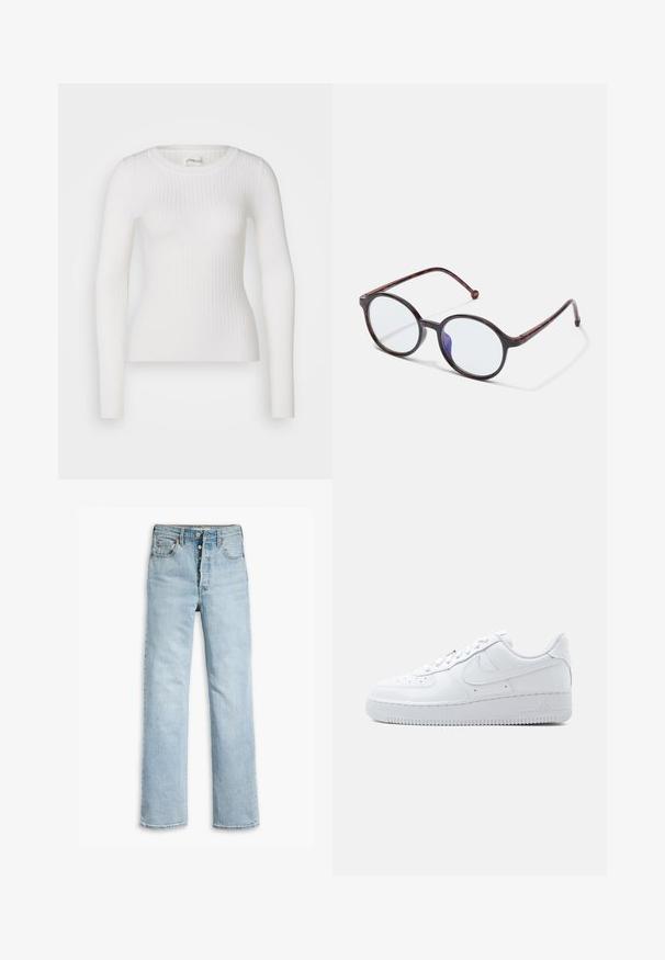 Top blanco de manga larga con costuras acanaladas y escote redondo. La tela es suave, con una textura sutil y un diseño ajustado. Sin hardware ni patrones visibles.; Vaqueros de denim azul claro con un diseño de pierna recta, estilo de cinco bolsillos, botones de metal y una textura ligeramente desgastada en la tela.; Zapatilla blanca Nike Air Force 1 de corte bajo con cierre de cordones, puntera perforada y el icónico logo swoosh en el lateral.; Montura de gafas de carey redonda con lentes transparentes y un sutil reflejo de luz azul sobre un fondo blanco.