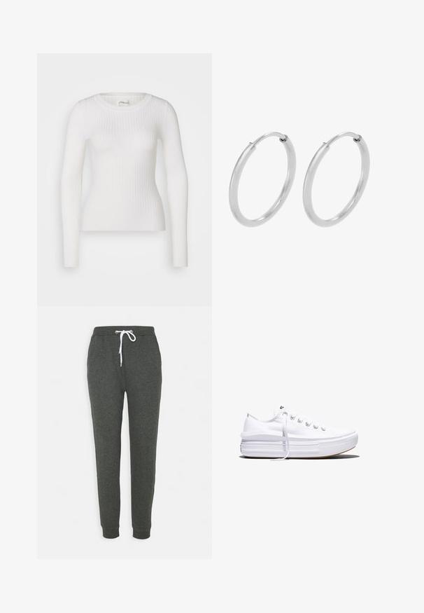Hvid langærmet ribbet top med en rund halsudskæring. Stoffet er glat og har en subtil tekstur samt en tætsiddende design. Ingen synlige detaljer eller mønstre.; Grå sweatpants lavet af et blødt stof, med en elastisk talje med et hvidt snøre, sidelommer og indsnorende ben.; Hvid lavt snørestøvle med tyk plateau-sål, snørelukning foran og gummiforstærket tåkap, set i sideprofil.; Sølv hoops øreringe, cirkulær form, glat skinnende tekstur og ensartet bredde hele vejen igennem. Minimalistisk design uden yderligere accenter.