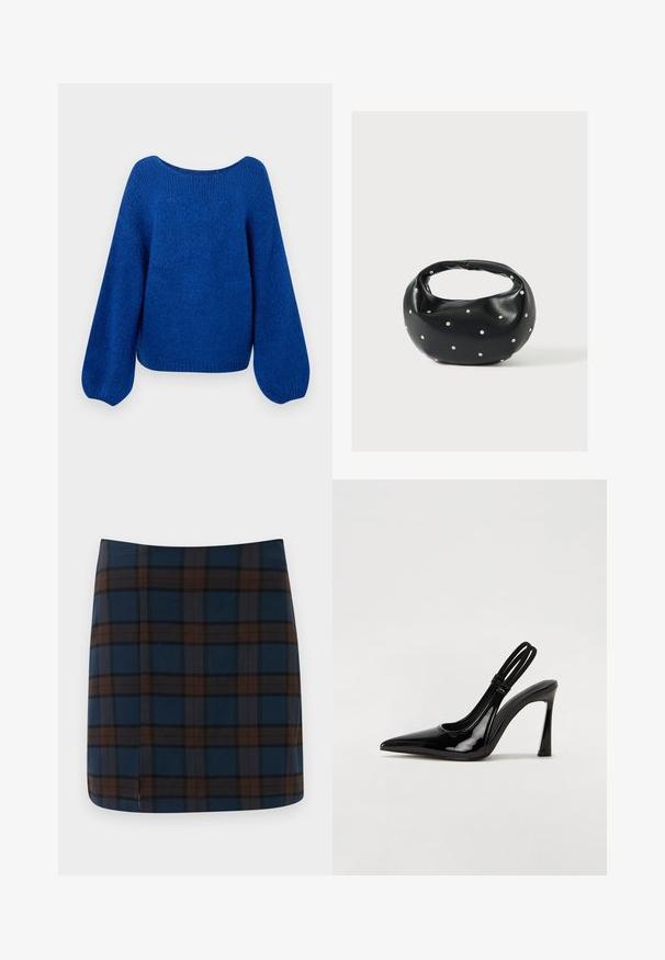 Pull en tricot bleu avec un large col bateau, des manches ballons amples et une finition texturée. L'ourlet court accentue la coupe décontractée.; Jupe mini en tartan bleu marine avec des lignes marron et grises, fabriquée dans un tissu lisse, avec une fente discrète au dos pour plus de liberté de mouvement.; Escarpin en cuir verni noir à talon aiguille, à bout pointu, avec une sangle élastique double pour un maintien sécurisé. Surface lisse et brillante.; Sac à main en cuir noir de forme arrondie, décoré de clous argentés et équipé d'une poignée courte. Texture lisse et fermeture éclair.