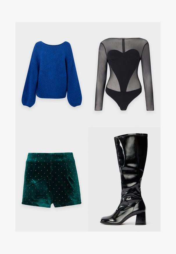 Pull en tricot bleu avec un large col bateau, des manches ballons amples et une finition texturée. L'ourlet court accentue la coupe décontractée.; Body noir à manches longues avec manches en mesh transparent et haut de la poitrine en mesh, présentant un panneau solide en forme de cœur sur le torse.; Shorts en velours vert avec des clous argentés, plis structurés et une texture lisse. Conçus pour une silhouette ajustée.; Botte noire brillante jusqu'au genou avec un talon carré et un bout rond, finition lisse et brillante, avec un léger motif texturé sur le talon et la tige.
