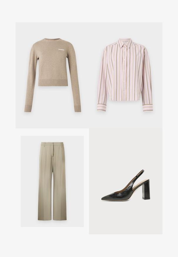 Pull tricoté beige à manches longues, col rond, poignets et ourlet côtelés, avec un petit logo texte blanc sur le devant.; Chemise rayée rose clair avec des lignes verticales vertes et jaunes, fermeture à boutons, et manches longues avec des poignets contrastants.; Pantalons à jambes larges en tissu beige doux, avec un devant plat, des passants de ceinture et une texture lisse. Taille standard sans motifs visibles.; Chaussure slingback en cuir noir à bout pointu avec un talon bloc haut et une doublure intérieure beige sur un fond clair uni.