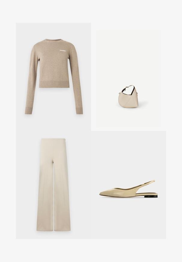 Beige strikket sweater med lange ærmer, rund halsudskæring, ribbede manchetter og kant, med lille hvid tekstlogo på forsiden.; Beige vidde bukser lavet af blødt stof med en glat tekstur. Har en høj elastisk talje for komfort og et rent, minimalistisk design.; Beige spids tå slingback flad sko med lav sort hæl og en glat læderfinish, vist fra siden på en ensfarvet baggrund.; Beige læder håndtaske i halvmåneform med en enkelt skulderrem og minimal syning, sat mod en ensartet hvid baggrund.