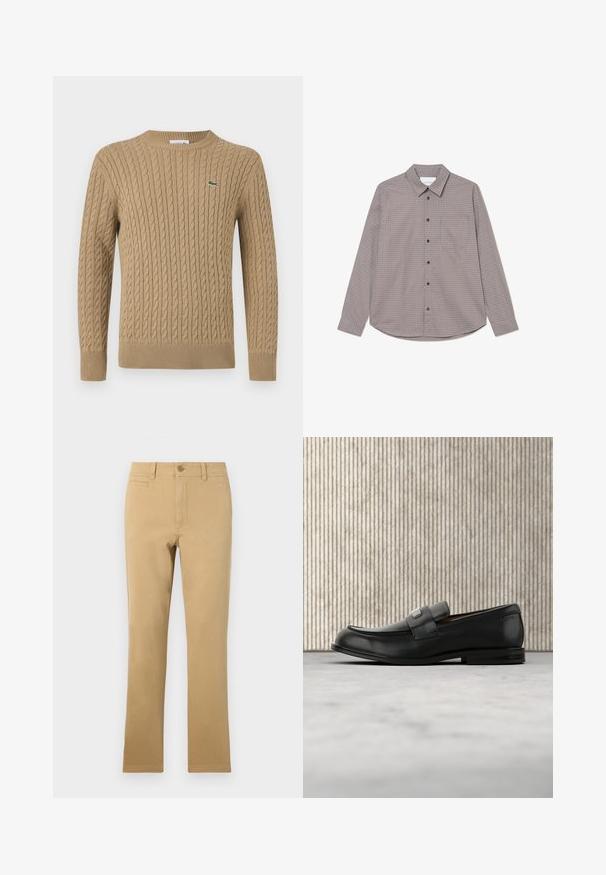 Beige kabelbrei trui met een ronde hals, geribbelde manchetten en onderrand, met een klein groen logo op de linkerborst. Zachte textuur.; Overshirt met lange mouwen in een bruine en beige ruitpatroon. Heeft een kraag, een borstzak en zwarte knopen aan de voorkant.; Khaki-kleurige rechte broek van katoen, met een knoopsluiting, voorkruiszakken en een soepele textuur.; Zwarte leren loafer met een metalen merktekenplaatje, rustend bij een bruine ronde tafel op een beige tapijtvloer.
