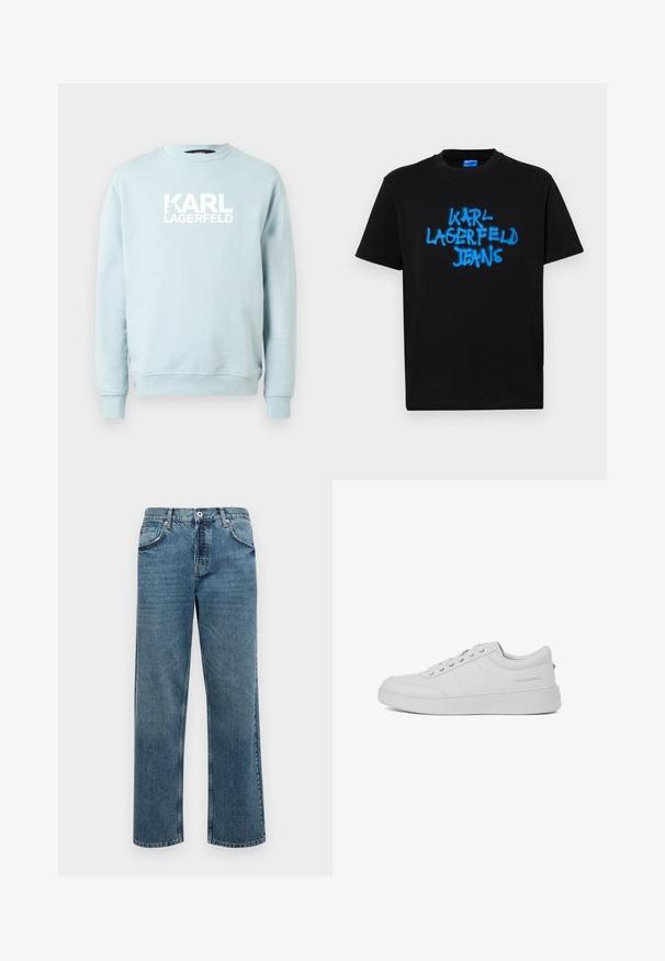 Sweat-shirt bleu clair à col rond en tissu doux, avec un logo blanc audacieux "KARL LAGERFELD" sur le devant. Design simple, manches longues.; T-shirt noir en coton à manches courtes, avec un texte "KARL LAGERFELD JEANS" en bleu spray sur le devant dans un style graffiti audacieux.; Jean en denim bleu à coupe droite, doté de cinq poches, d'une fermeture par bouton et zip, et de détails de couture visibles.; Baskets blanches en cuir avec un design classique à tige basse, semelle plate et logo de marque discret sur le talon. Présente cinq œillets métalliques pour les lacets.