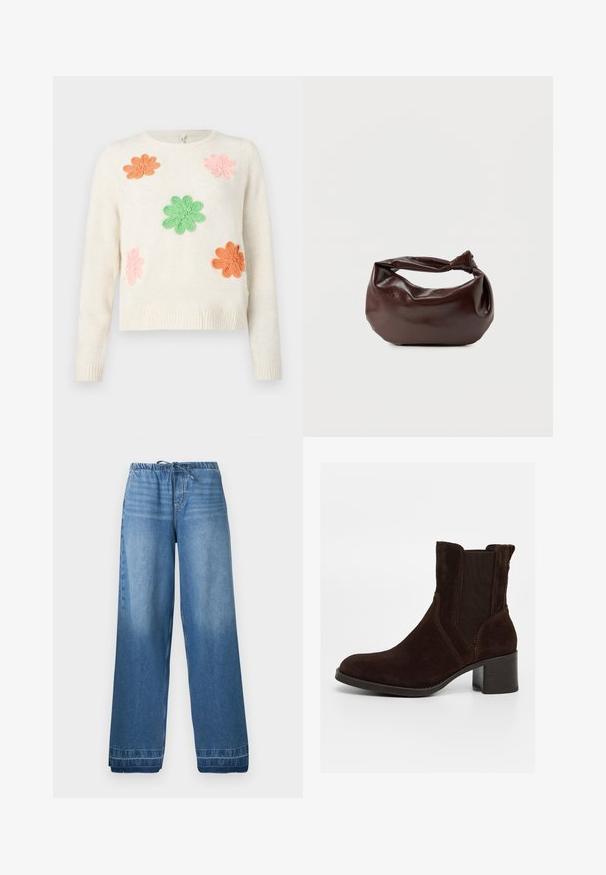 Pull crème avec cinq fleurs brodées en rose, orange et vert. Poignets et ourlet côtelés. Texture douce avec une coupe décontractée.; Pantalon en denim bleu à jambes larges avec ceinture élastique et cordon de serrage, présentant des zones légèrement délavées et des ourlets cousus.; Bottines en suede marron avec des panneaux latéraux élastiques, un bout arrondi et un talon bloc. Présente des coutures contrastantes et une languette de tirage.; Sac bandoulière en cuir marron foncé avec une forme souple et décontractée et une anse nouée torsadée sur un fond blanc uni.