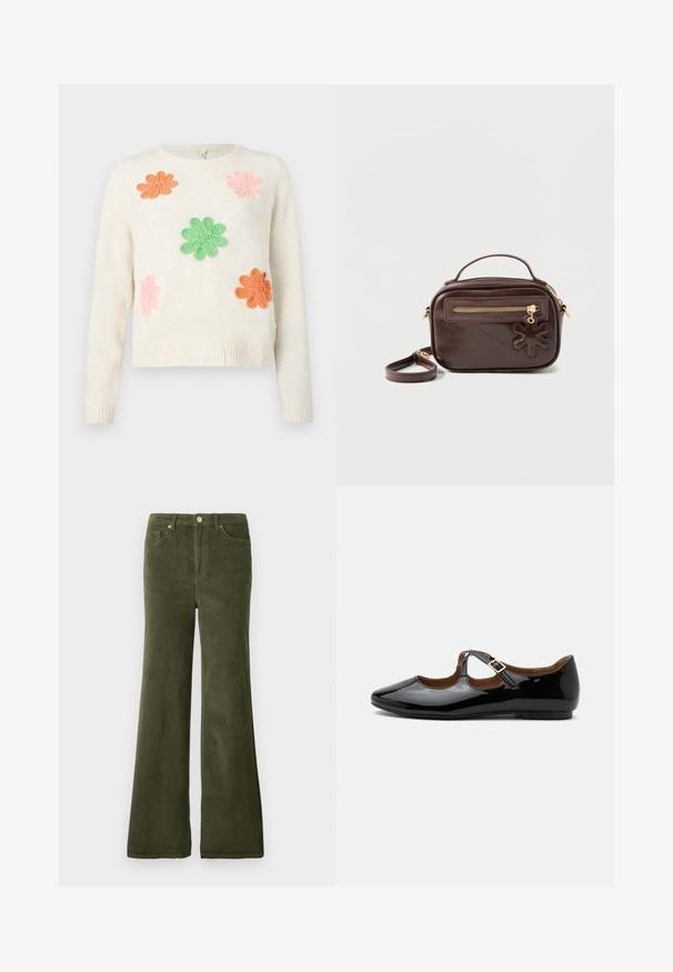Pull crème avec cinq fleurs brodées en rose, orange et vert. Poignets et ourlet côtelés. Texture douce avec une coupe décontractée.; Pantalons évasés en velours côtelé vert olive avec une texture lisse, poches avant et fermeture à bouton métallique à la taille.; Chaussure plate Mary Jane en cuir verni noir avec deux découpes et une bride à boucle dorée sur fond blanc.; Sac bandoulière rectangulaire en cuir marron foncé avec une poignée supérieure, une poche avant zippée et un charm en cuir en forme de fleur sur la tirette du zip.