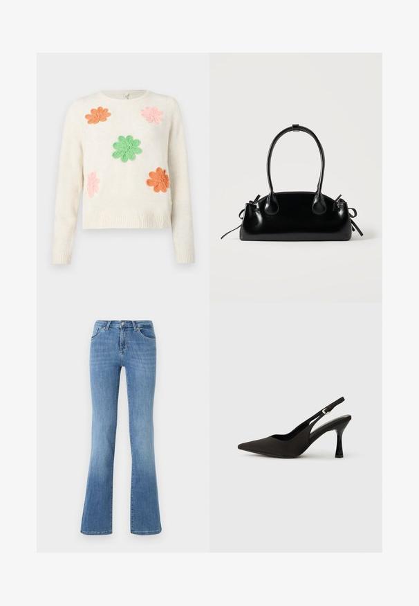 Pull crème avec cinq fleurs brodées en rose, orange et vert. Poignets et ourlet côtelés. Texture douce avec une coupe décontractée.; Jeans évasés bleu clair en denim, avec cinq poches, fermeture éclair à l'avant et bouton. Motif délavé sur les cuisses et l'ourlet.; Chaussures à talons noires avec une bride, à bout pointu, finition mate lisse et talon fin brillant. Sangle ajustable avec petit détail de boucle.; Petit sac à main noir brillant avec deux longues anses et des détails à cordon sur les côtés sur un fond clair uni.