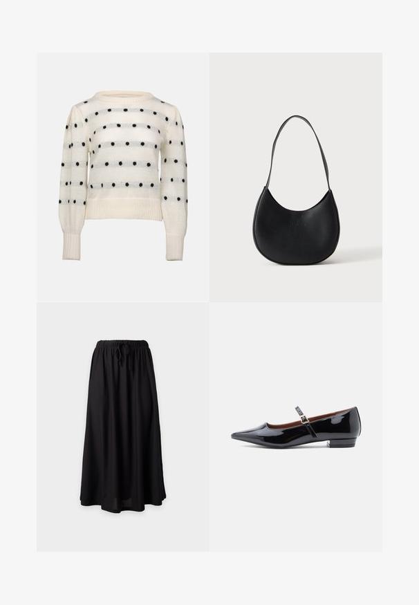 Pull en tricot blanc avec des rayures horizontales et des pois noirs. Col rond, manches longues, poignets et ourlet côtelés. Texture douce.; Jupe longue noire avec taille élastique et cordon de serrage, coupe ample, présentée à plat sur un fond clair.; Escarpin Mary Jane en cuir verni noir avec bout pointu et petit talon, doté d'une sangle ajustable avec boucle dorée.; Sac à épaule en cuir noir en forme de croissant avec une bandoulière unique et un nom de marque discrètement embossé sur un fond clair uni.