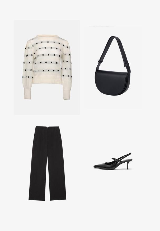 Hvid strikket sweater med horisontale striber og sorte polka dots. Rund hals, lange ærmer, ribstrikkede manchetter og kant. Blød tekstur.; Anna Field Bukser - black; Sorte læder slingback hæle med spids tå, slank justerbar rem og en stiletto hæl på cirka 5 cm, glat tekstur.; Sort læderhalvmåne crossbody taske med justerbar rem og sølvfarvede spænde detaljer mod en ensartet lys baggrund.