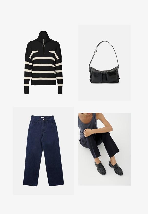Sort og creme stribet turtleneck trøje med lynlås i nakken, der har en løs pasform og strikket tekstur. Pyntet med en sølvfarvet hardware detalje.; Mørkeblå denimbukser med lige ben, der har en frontknaplukning, bæltestropper og to forlommer.; Sorte læderloafers med teksturerede detaljer, lav hæl, rund tå og synlige syninger. Modellen bærer mørke bukser og en grå top.; Sort skuldertaske i læder med justerbar rem og to store forlommer med lynlås på en ensartet lys baggrund.