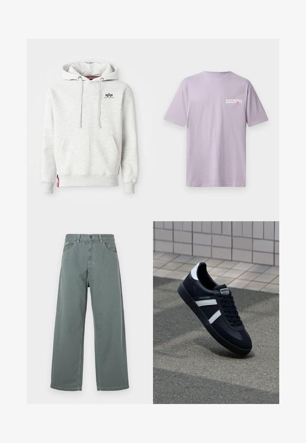 Sudadera gris clara hecha de un tejido suave. Cuenta con un bolsillo tipo canguro, cordones y un pequeño logo negro en el pecho. Puños acanalados.; Camiseta de algodón de color púrpura claro con mangas cortas, que presenta un pequeño diseño gráfico blanco en el pecho. Textura suave y estilo de cuello redondo.; Pantalones de pierna ancha en algodón verde apagado, con una cinturilla clásica, presillas para cinturón, bolsillos frontales y detalles de costura contrastantes.; Zapatilla de cuero negra con rayas blancas, suela de goma texturizada y parte frontal con cordones. Cuenta con una etiqueta de marca en la lengüeta.