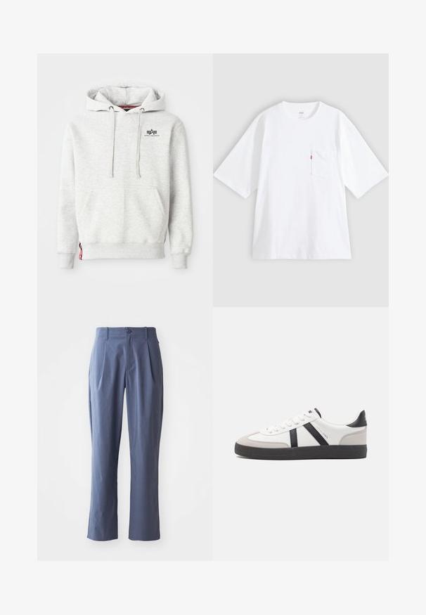 Sudadera gris clara hecha de un tejido suave. Cuenta con un bolsillo tipo canguro, cordones y un pequeño logo negro en el pecho. Puños acanalados.; Camiseta blanca de algodón con mangas cortas, cuello redondo y bolsillo en el pecho izquierdo. Presenta una pequeña etiqueta con logo rojo en el bolsillo.; Pantalones azul marino con pinzas, de corte recto, fabricados en tela ligera, con un cierre frontal de un solo botón y trabillas para el cinturón.; Zapatilla blanca con acentos en negro y gris, que presenta una puntera texturizada en gris, suela de goma negra y cordones planos blancos. Diseño limpio, estilo minimalista.