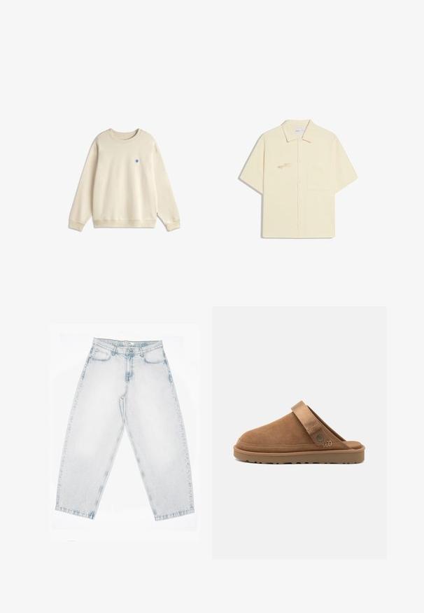 Sweat-shirt beige à manches longues et col rond avec poignets et ourlet côtelés, présentant un petit logo circulaire bleu sur la poitrine gauche.; Chemise beige à manches courtes avec boutons, col, poche avant côté gauche et logo brodé discret sur la poitrine droite.; Jean en denim délavé clair avec une taille haute, des jambes droites et larges, une fermeture à boutons et zip, ainsi que des poches à l'avant et à l'arrière.; Sabots en suède beige à enfiler, avec une forme arrondie et une sangle à l'arrière. Semelle en caoutchouc avec un motif de semelle texturé pour une meilleure adhérence.