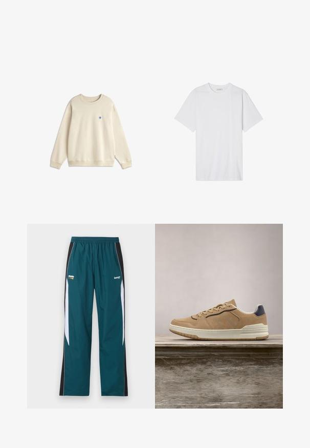 Sweat-shirt beige à manches longues et col rond avec poignets et ourlet côtelés, présentant un petit logo circulaire bleu sur la poitrine gauche.; T-shirt en coton blanc avec un col rond, des manches courtes et une coupe décontractée ; texture lisse avec des bords nets et sans motifs ni embellissements.; Pantalon de survêtement bleu sarcelle avec panneaux latéraux noirs et blancs, taille élastique, et petits logos "moto" et "bareen" sur les cuisses supérieures.; Baskets en suède beige avec semelle en caoutchouc blanc, dotées de lacets beiges, d'accents bleu marine et de détails perforés sur la boîte à orteils.