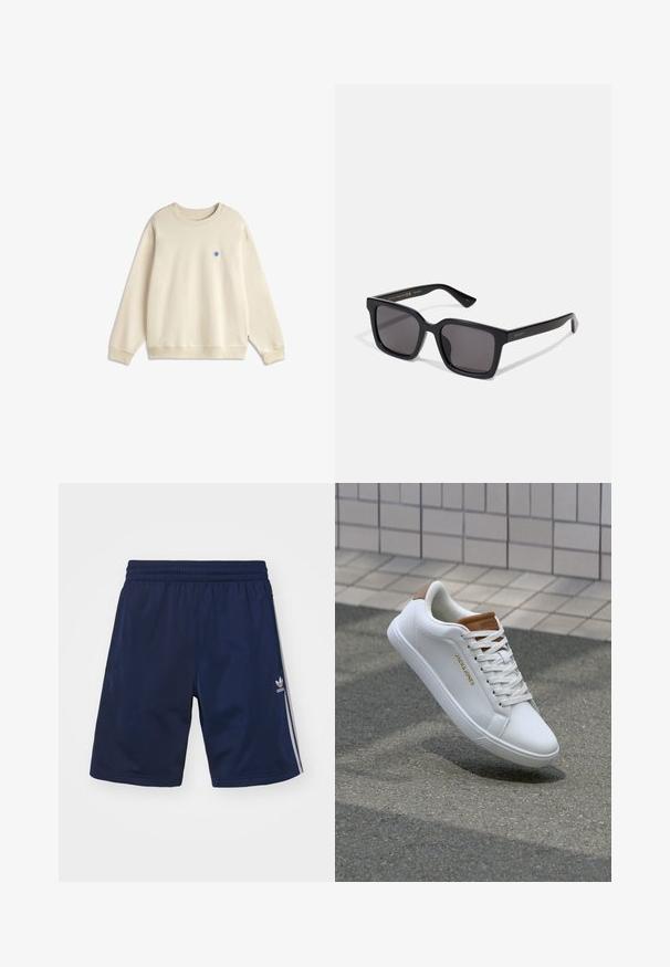 Sweat-shirt beige à manches longues et col rond avec poignets et ourlet côtelés, présentant un petit logo circulaire bleu sur la poitrine gauche.; Shorts de sport bleu marine en tissu léger, dotés d'une taille élastique et de trois bandes blanches sur les côtés. Logo Adidas affiché.; Baskets en cuir blanc avec une texture lisse, accent beige au niveau du talon, logo doré sur le côté et semelle en caoutchouc avec une adhérence texturée.; Lunettes de soleil noires en carré avec des verres très sombres. La monture présente une finition mate avec le logo "GUCCI" en doré sur la branche. Design robuste avec des bords angulaires.