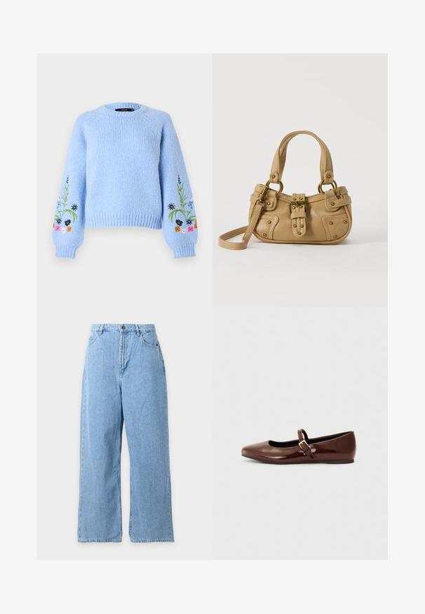 Pull tricoté bleu clair avec encolure ronde, poignets côtelés et broderie florale multicolore sur les manches. Texture douce.; Jeans denim bleu clair à jambes larges avec poches avant, fermeture par boutons et passants de ceinture sur un fond clair.; Ballerine en cuir verni marron avec un bout carré et une lanière ornée d'une petite boucle dorée. Texture lisse, talon bas et design minimaliste.; Sac à main en cuir beige avec double poignées, boucle en laiton et détails rivetés, ainsi qu'une bandoulière réglable sur fond blanc.