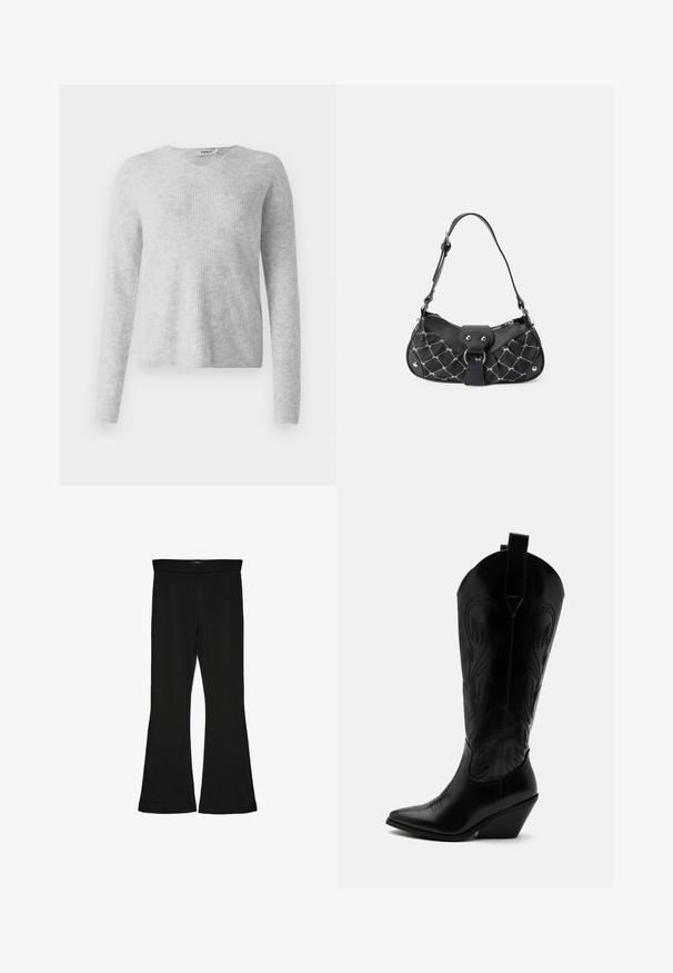 Pull en maille gris avec une texture côtelée, des manches longues et un décolleté en V. Apparence simple et minimaliste.; Leggings évasés noirs en tissu extensible. Présentent une taille large et une texture lisse, avec une coupe ajustée qui s'évasent au bas.; Botte de cowboy en cuir noir avec bout pointu, talon bloc incliné, couture décorative et languettes en haut sur fond blanc.; Sac à main noir avec texture matelassée, doté de quincaillerie en argent, d'une forme incurvée et d'une seule bandoulière réglable. Fermeture zippée sur le dessus.