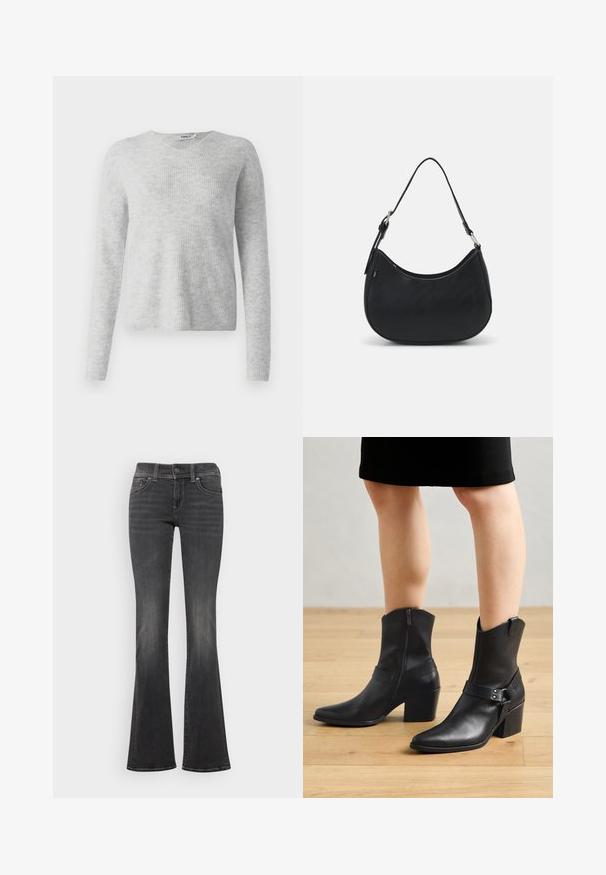 Pull en maille gris avec une texture côtelée, des manches longues et un décolleté en V. Apparence simple et minimaliste.; Jean en denim gris foncé avec un léger délavage, taille mi-haute, fermeture à bouton et légère évasement aux ourlets.; Bottines en cuir noir avec un bout pointu, fermeture éclair, talon courbé et une sangle décorative avec des accents en métal.; Sac hobo noir en cuir lisse avec une silhouette arrondie, doté d'une seule sangle ajustable et de détails de design minimalistes.