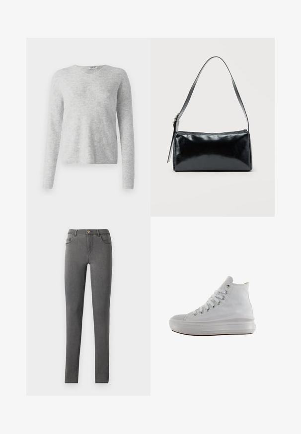 Šedý pletený sveter s rebrovanou textúrou, dlhými rukávmi a výstrihom do V. Jednoduchý a minimalistický vzhľad.; Šedé denimové skinny jeans so priliehavým strihom, päť vreckovým štýlom a jedným kovovým gombíkom na zapínanie v oblasti pása.; Biele vysoké plátenné tenisky s bielymi šnúrkami, kovovými očkami, hrubou gumovou podrážkou a textúrovanou špičkou, mieriac doľava na bielom pozadí.; Čierna obdĺžniková kabelka na rameno s jedným nastaviteľným remienkom a horným zipsom na jednofarebnom pozadí.