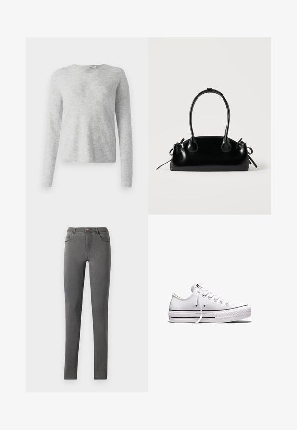 Pull en maille gris avec une texture côtelée, des manches longues et un décolleté en V. Apparence simple et minimaliste.; Jean skinny en denim gris avec une coupe ajustée, style cinq poches et une fermeture à bouton métallique unique au niveau de la taille.; Baskets basses en toile blanche avec lacets blancs, semelle en caoutchouc, détails à rayures noires, et écusson logo sur la languette et le talon.; Petit sac à main noir brillant avec deux longues anses et des détails à cordon sur les côtés sur un fond clair uni.