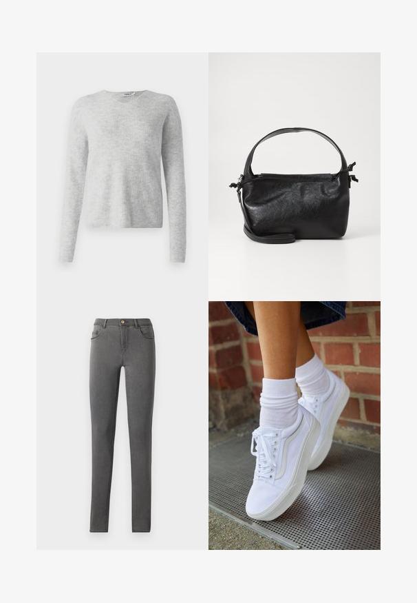 Šedý pletený sveter s rebrovanou textúrou, dlhými rukávmi a výstrihom do V. Jednoduchý a minimalistický vzhľad.; Šedé denimové skinny jeans so priliehavým strihom, päť vreckovým štýlom a jedným kovovým gombíkom na zapínanie v oblasti pása.; Biele plátené tenisky s gumovou podrážkou, s piatimi dierkami na šnúrky, okrúhlou špičkou a svetlými švami, doplnené o biele členkové ponožky.; Čierna kožená kabelka so štruktúrovaným dizajnom, okrúhlym horným uchom a odnímateľným ramenným popruhom. Má hladkú textúru a jemný lesk.