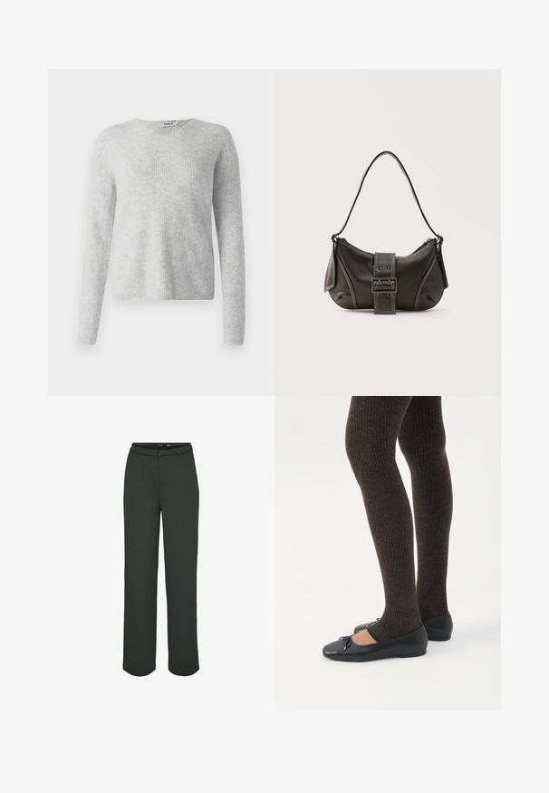 Pull en maille gris avec une texture côtelée, des manches longues et un décolleté en V. Apparence simple et minimaliste.; Pantalons large en vert foncé en tissu lisse. Présente une taille avec passants de ceinture, des poches avant et une coupe droite.; Jambes portant des leggings côtelés foncés associés à des ballerines noires avec de petits détails en nœud sur fond blanc.; Sac à épaule en cuir noir avec une sangle à boucle, des bords arrondis et des coutures blanches contrastées sur un fond uni.