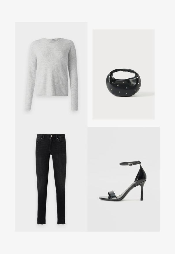 Pull en maille gris avec une texture côtelée, des manches longues et un décolleté en V. Apparence simple et minimaliste.; Jean skinny noir en denim, avec un ourlet effiloché, des poches avant et une fermeture à bouton à la taille. La texture semble lisse.; Sandale à talon haut en cuir verni noir avec un bout ouvert, une seule lanière à l'avant et une lanière de cheville ajustable.; Sac à main en cuir noir de forme arrondie, décoré de clous argentés et équipé d'une poignée courte. Texture lisse et fermeture éclair.
