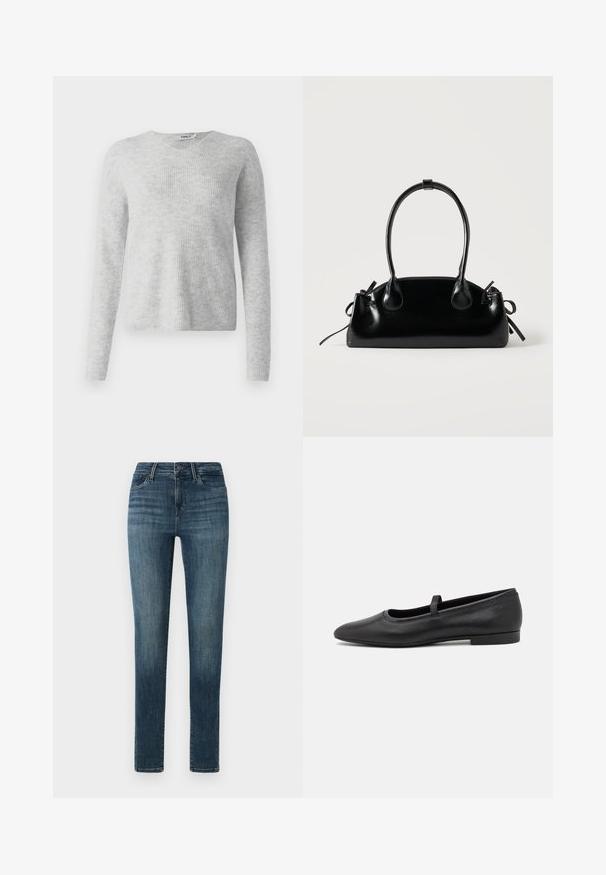 Pull en maille gris avec une texture côtelée, des manches longues et un décolleté en V. Apparence simple et minimaliste.; Jean en denim bleu foncé avec une coupe slim, présentant une fermeture à boutons, cinq poches et un léger décoloration le long des cuisses.; Ballerines noires en cuir lisse, avec un bout rond, une petite sangle sur le dessus et un design minimaliste.; Petit sac à main noir brillant avec deux longues anses et des détails à cordon sur les côtés sur un fond clair uni.