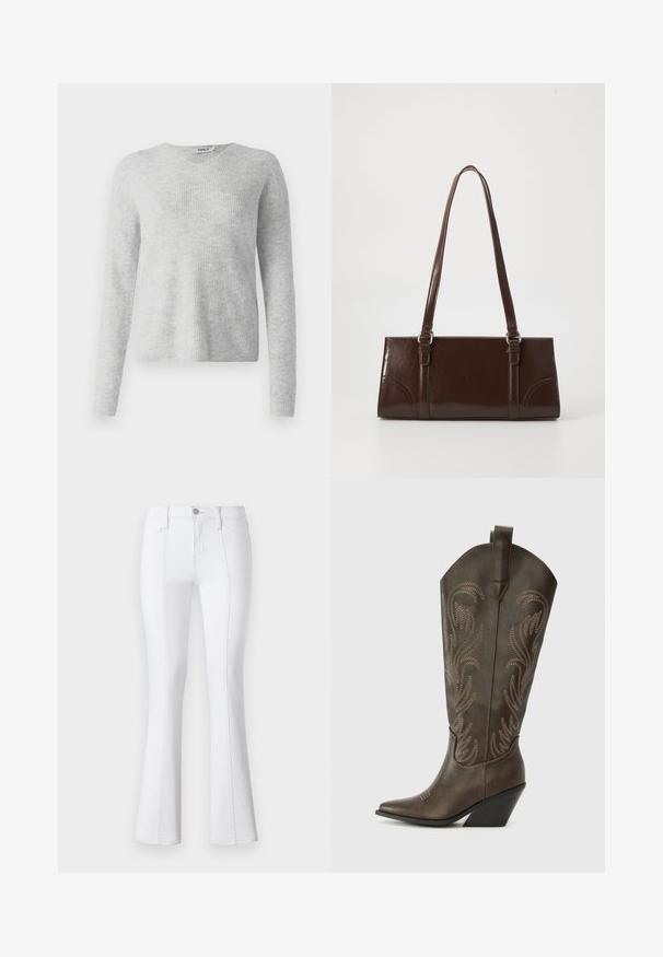 Pull en maille gris avec une texture côtelée, des manches longues et un décolleté en V. Apparence simple et minimaliste.; Jean en denim blanc évasés à taille haute, avec des coutures contrastées, des poches avant et une fermeture éclair. Texture de tissu lisse et robuste.; Botte de cowboy en cuir marron avec un embout pointu, un talon compensé et des broderies décoratives. Dispose d'un long tige et d'une languette de tirage.; Sac à main en cuir verni marron de forme rectangulaire, avec deux longues poignées et des accents courbés subtils à l'avant.