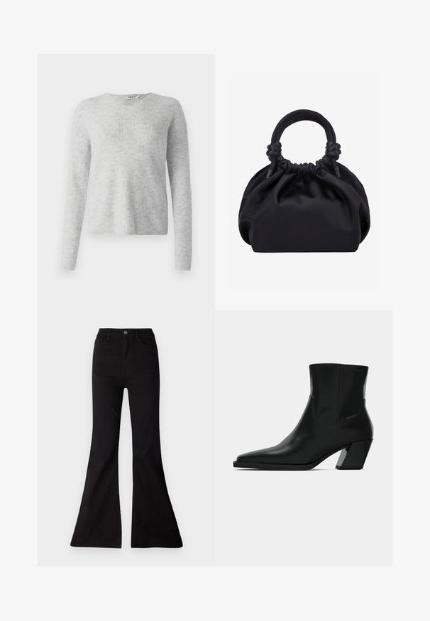 Grijze gebreide trui met een geribbelde textuur, lange mouwen en een V-hals ontwerp. Eenvoudig en minimalistisch uiterlijk.; Zwarte flared jeans van denim, met een hoge taille, frontzakken en een grote opening bij de zoom voor een wijduitlopende silhouet.; Zwarte leren enkelboot met een spitse neus, een slanke silhoeet en een chunky vierkante hak. Gladde textuur met minimale stikdetails.; Zwarte zachte stoffen handtas met geplooide bovenkant en ronde gewatteerde handvatten, vastgeknoopt aan elke kant.