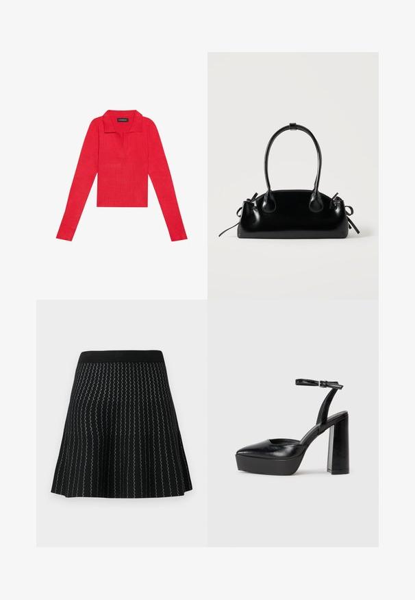 Haut long à manches rouges côtelé avec un col et une patte de boutonnage, présentant une coupe ajustée et une texture lisse. Étiquette visible à l'intérieur du col.; Jupe noire en mailles texturées avec des rayures argentées en zigzag, conçue avec une silhouette évasée et une taille noire solide.; Escarpins noirs à plateforme avec un bout pointu et une sangle réglable à la cheville. Conçus en cuir lisse, avec un large talon bloc.; Petit sac à main noir brillant avec deux longues anses et des détails à cordon sur les côtés sur un fond clair uni.
