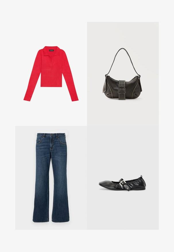 Rød ribbet langærmet top med krave og stolpe, der har en tætsiddende pasform og glat tekstur. Mærket er synligt indeni kraven.; Mørkeblå jeans med vide ben og klassisk design med fem lommer, der har knaplukning og diskret falming. Fremstillet af denimstof.; Sorte læder flade sko med spids tå, samling detaljer omkring åbningen, og en sølv spænde accent på den justerbare rem.; Sort læder skuldertaske med spænde på remmen, afrundede kanter og kontrasterende hvide syninger på en ensfarvet baggrund.