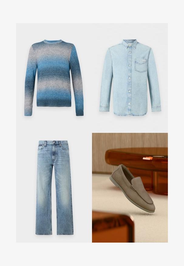 Suéter de gradiente azul hecho de material suave, con cuello redondo, mangas largas y dobladillo acanalado. Los colores varían de azul claro a azul oscuro.; Camisa de mezclilla azul claro de manga larga con apertura de botones en la parte delantera, un bolsillo en el pecho con el logo de Calvin Klein y cuello puntiagudo.; Vaqueros de mezclilla azul claro de corte recto con cintura alta, cinco bolsillos, cierre de botón y sutil desgaste en los muslos y las rodillas.; Mocasín beige de ante sin cordones con costuras visibles y suela clara, posicionado sobre una alfombra color crema, con un mueble translúcido naranja en el fondo.