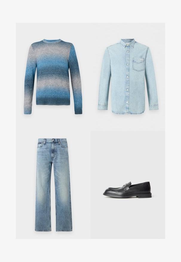 Suéter de gradiente azul hecho de material suave, con cuello redondo, mangas largas y dobladillo acanalado. Los colores varían de azul claro a azul oscuro.; Camisa de mezclilla azul claro de manga larga con apertura de botones en la parte delantera, un bolsillo en el pecho con el logo de Calvin Klein y cuello puntiagudo.; Vaqueros de mezclilla azul claro de corte recto con cintura alta, cinco bolsillos, cierre de botón y sutil desgaste en los muslos y las rodillas.; Mocasines de cuero negro con acabado texturizado, que cuentan con una correa decorativa en la parte delantera y punta redondeada. Suela de goma para mayor durabilidad.