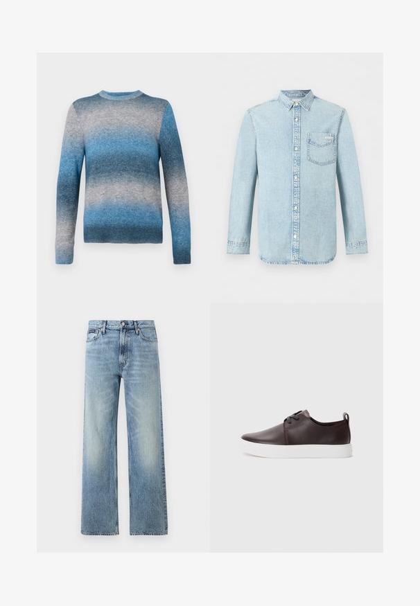 Pull en dégradé bleu en matériau doux, avec un col rond, des manches longues et un ourlet côtelé. Les couleurs varient du bleu clair au bleu foncé.; Chemise en denim bleu clair à manches longues, fermeture boutonnée devant, une poche poitrine simple avec le logo Calvin Klein, et un col pointu.; Jean droit en denim bleu clair avec taille haute, cinq poches, fermeture à boutons et léger délavage sur les cuisses et les genoux.; Baskets en cuir marron avec une finition lisse, semelle en caoutchouc blanche, bout rond et design à lacets. Comprend une languette au niveau du talon.