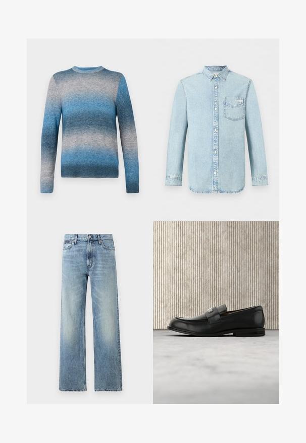 Suéter de gradiente azul hecho de material suave, con cuello redondo, mangas largas y dobladillo acanalado. Los colores varían de azul claro a azul oscuro.; Camisa de mezclilla azul claro de manga larga con apertura de botones en la parte delantera, un bolsillo en el pecho con el logo de Calvin Klein y cuello puntiagudo.; Vaqueros de mezclilla azul claro de corte recto con cintura alta, cinco bolsillos, cierre de botón y sutil desgaste en los muslos y las rodillas.; Mocasín de cuero negro con una placa metálica de marca apoyado cerca de una mesa redonda marrón sobre un suelo alfombrado beige.