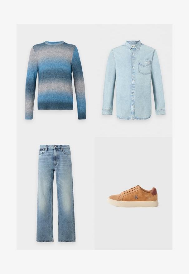 Suéter de gradiente azul hecho de material suave, con cuello redondo, mangas largas y dobladillo acanalado. Los colores varían de azul claro a azul oscuro.; Camisa de mezclilla azul claro de manga larga con apertura de botones en la parte delantera, un bolsillo en el pecho con el logo de Calvin Klein y cuello puntiagudo.; Vaqueros de mezclilla azul claro de corte recto con cintura alta, cinco bolsillos, cierre de botón y sutil desgaste en los muslos y las rodillas.; Zapatilla de ante color canela con suela de goma beige, con acentos marrones y un pequeño logo azul en el costado. Diseño clásico con cordones.