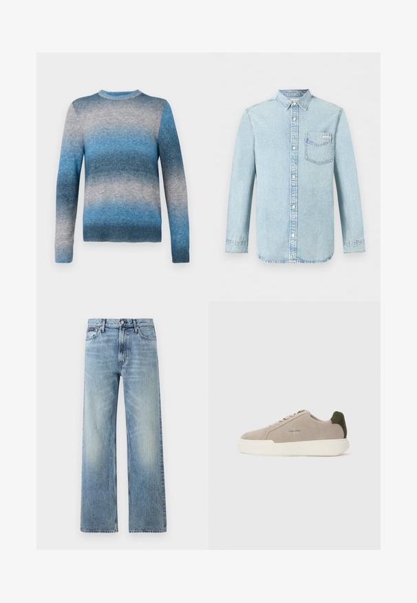 Suéter de gradiente azul hecho de material suave, con cuello redondo, mangas largas y dobladillo acanalado. Los colores varían de azul claro a azul oscuro.; Camisa de mezclilla azul claro de manga larga con apertura de botones en la parte delantera, un bolsillo en el pecho con el logo de Calvin Klein y cuello puntiagudo.; Vaqueros de mezclilla azul claro de corte recto con cintura alta, cinco bolsillos, cierre de botón y sutil desgaste en los muslos y las rodillas.; Zapatillas de piel de ante beige con suela de goma blanca, que presentan un acento en el talón de color verde oscuro y un sutil logo en el lateral.