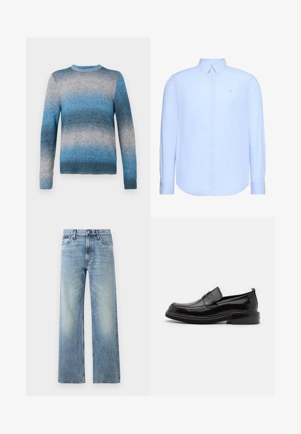 Pull en dégradé bleu en matériau doux, avec un col rond, des manches longues et un ourlet côtelé. Les couleurs varient du bleu clair au bleu foncé.; Chemise habillée pour homme à manches longues de couleur bleu clair avec des rayures verticales subtiles, col standard, boutonnage sur le devant et petit logo brodé sur la poitrine.; Jean droit en denim bleu clair avec taille haute, cinq poches, fermeture à boutons et léger délavage sur les cuisses et les genoux.; Calvin Klein MOCCASIN - Mocassins de ville - black
