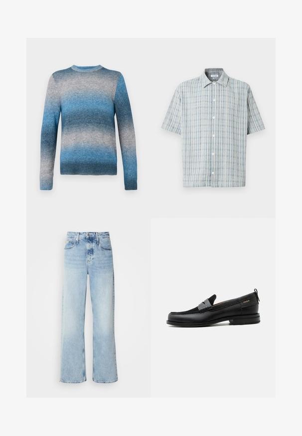 Pull en dégradé bleu en matériau doux, avec un col rond, des manches longues et un ourlet côtelé. Les couleurs varient du bleu clair au bleu foncé.; Chemise à manches courtes à boutons avec un motif à carreaux bleu et blanc, col évasé et boutons blancs sur le devant.; Jean large bleu clair à taille haute, avec une finition délavée, des passants de ceinture et un design classique à cinq poches. L'ourlet est brut.; Mocassin en cuir noir avec détail de bride grise, talon bas et semelle texturée, marqué "HUGO" en or sur le côté.