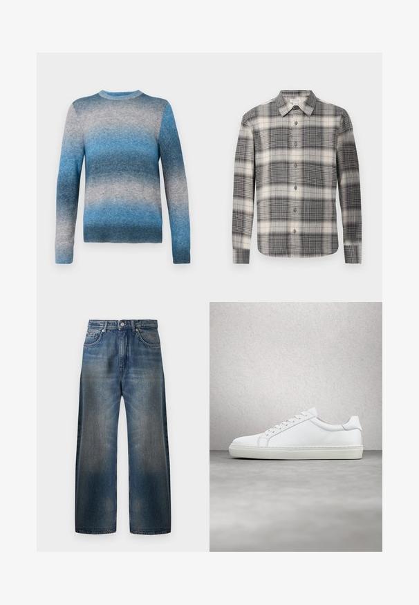 Pull en dégradé bleu en matériau doux, avec un col rond, des manches longues et un ourlet côtelé. Les couleurs varient du bleu clair au bleu foncé.; Chemise à manches longues à carreaux noir et crème. Dotée d'un devant à boutons, d'un col classique et d'un motif à carreaux varié. Texture de tissu douce.; Jean en denim bleu à jambes larges avec une finition délavée, comportant cinq poches, une fermeture à bouton et des détails de couture visibles.; Sneaker blanche avec une tige en cuir lisse et un profil bas. Présente un bout arrondi, six œillets et une semelle en caoutchouc texturé.