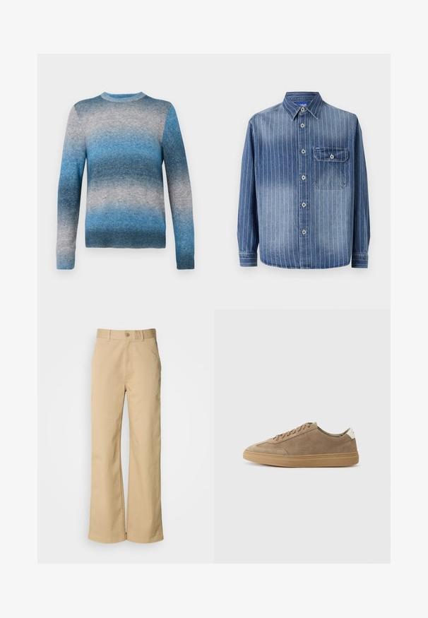 Pull en dégradé bleu en matériau doux, avec un col rond, des manches longues et un ourlet côtelé. Les couleurs varient du bleu clair au bleu foncé.; Chemise en denim avec des rayures verticales bleu clair, col classique, fermeture à boutons, poche sur la poitrine gauche et manches longues avec poignets boutonnés.; Pantalon large beige en mélange coton. Fermeture par bouton et passants de ceinture. Texture lisse, avec des détails de couture minimaux.; Baskets en cuir suédé de couleur marron clair avec une semelle en caoutchouc. Possède un design à lacets et un style minimaliste, rehaussé par un onglet de talon blanc.