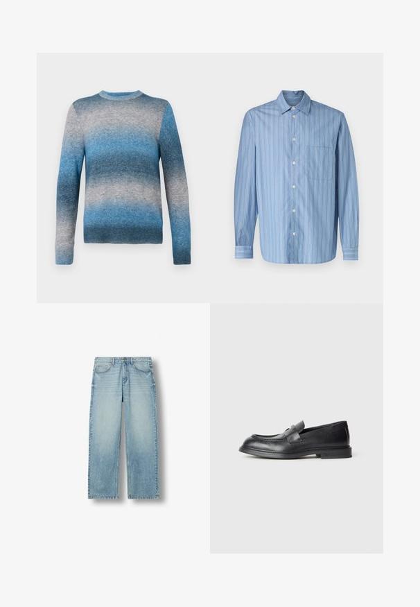 Pull en dégradé bleu en matériau doux, avec un col rond, des manches longues et un ourlet côtelé. Les couleurs varient du bleu clair au bleu foncé.; Chemise boutonnée bleu clair avec des rayures verticales de largeurs variées, dotée d'un col pointu, de longues manches et d'une poche poitrine.; Jean en denim bleu clair à coupe droite avec cinq poches et fermeture par boutons, présenté sur fond blanc.; Mocassins en cuir noir avec une finition texturée, dotés d'une bride décorative à l'avant et d'un bout arrondi. Semelle en caoutchouc pour plus de durabilité.