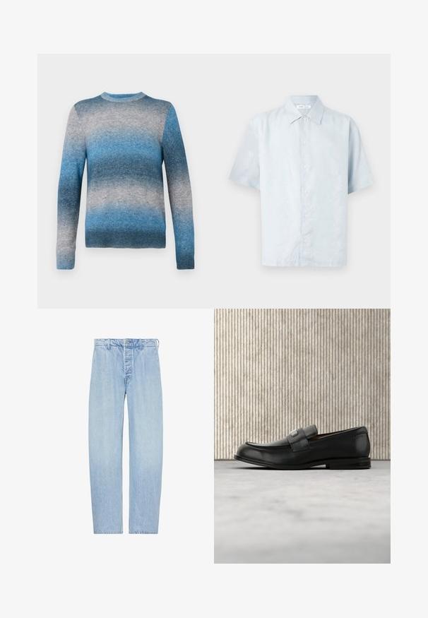 Suéter de gradiente azul hecho de material suave, con cuello redondo, mangas largas y dobladillo acanalado. Los colores varían de azul claro a azul oscuro.; Camisa de manga corta azul claro con un sutil patrón de hojas, con botones en el frente y un cuello clásico, confeccionada en una tela suave y texturizada.; Vaqueros rectos de talle alto en azul claro con cierre de botón y cremallera, trabillas para cinturón y bolsillos laterales, mostrados planos sobre fondo blanco.; Mocasín de cuero negro con una placa metálica de marca apoyado cerca de una mesa redonda marrón sobre un suelo alfombrado beige.