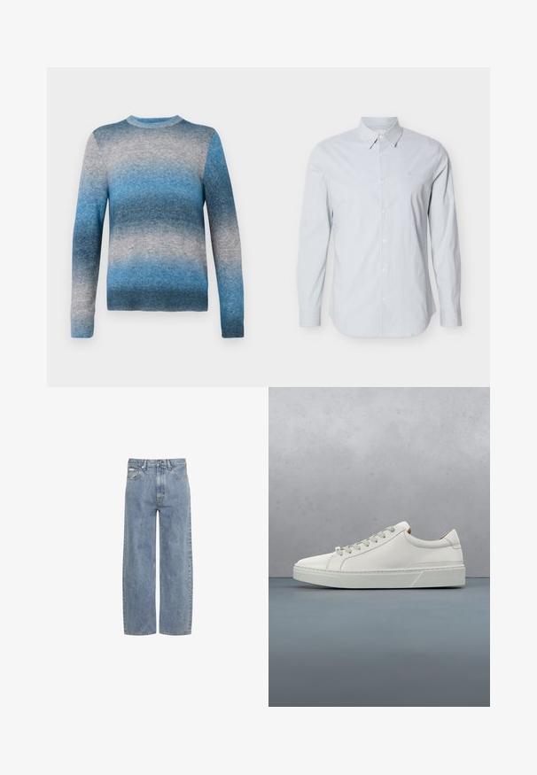 Blå gradient sweater lavet af blødt materiale, med rund hals, lange ærmer og ribbet kant. Farverne spænder fra lys til mørk blå.; Lyseblå langærmet skjorte med striber lavet af bomuld. Har klassisk krave, knaplukning foran og justerbare manchetter. Diskret logo på brystet.; Lyseblå jeans med lige ben, foran lukning med knap og lynlås, bæltestropper og fem-lomme design.; Hvid lædersneaker med rund tå, minimalistisk design, grå snørebånd og en tekstureret grå gummisål. Subtile syningsdetaljer er synlige.