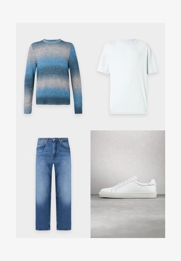 Suéter de gradiente azul hecho de material suave, con cuello redondo, mangas largas y dobladillo acanalado. Los colores varían de azul claro a azul oscuro.; Camiseta de algodón azul claro con cuello redondo, mangas cortas y marca minimalista bordada en el pecho. Textura suave, diseño sencillo.; Vaqueros azules de corte recto con diseño clásico de cinco bolsillos y cierre de botones, con detalles sutiles descoloridos en muslos y rodillas.; Zapatilla blanca con parte superior de cuero liso y perfil bajo. Presenta una puntera redondeada, seis ojales y una suela de goma texturizada.